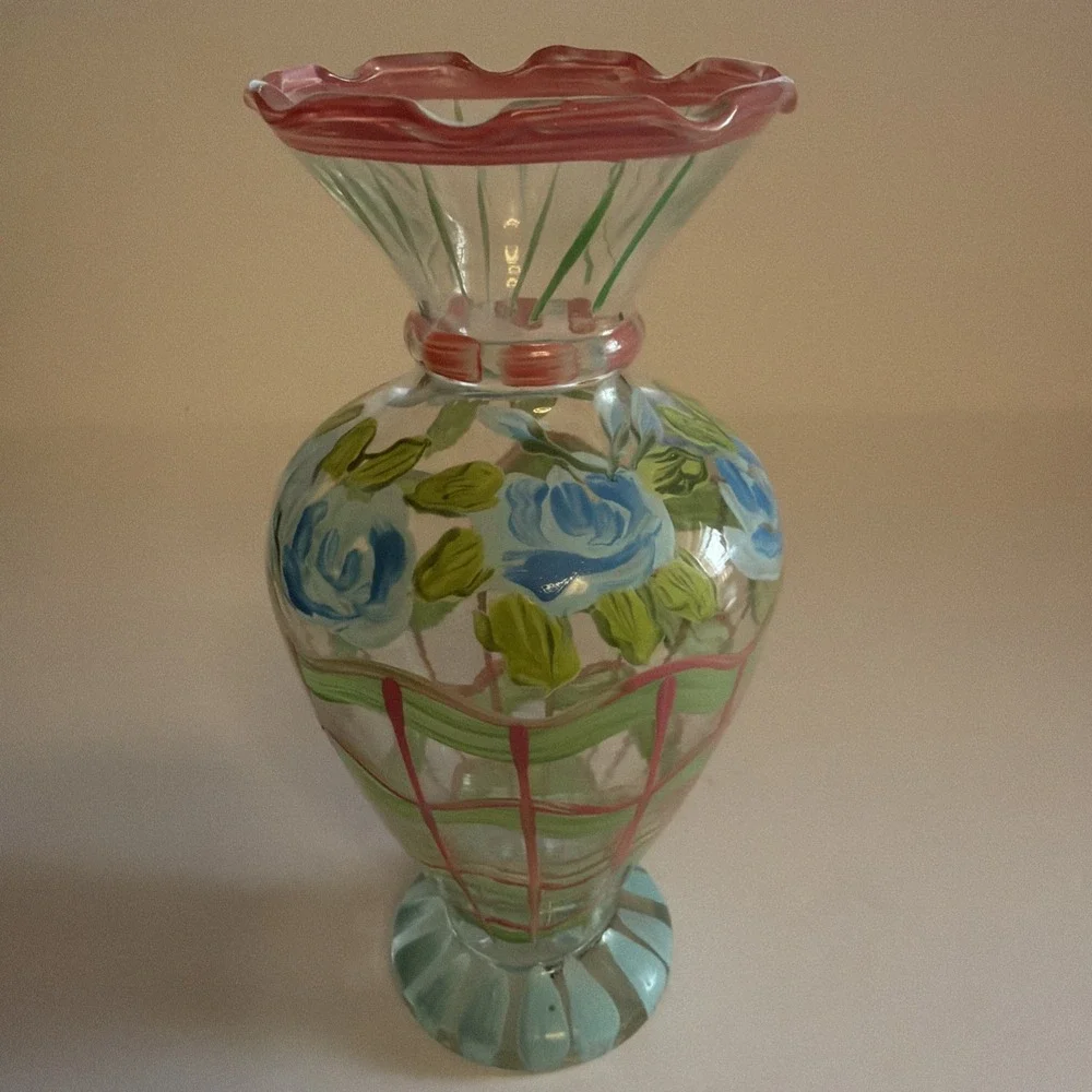 Tracy Porter Hand Painted Glass Floral Bud Vase Scallop Edge Blue Flowers Green